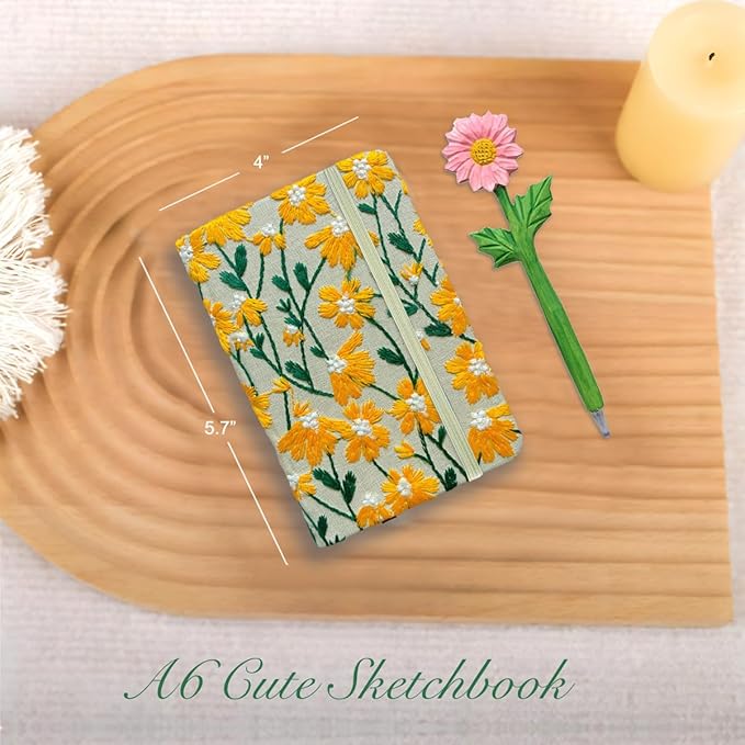 Daisy Gifts for Women, Flower Embroidered Journal, Pocket Sketchbook, A6, Small Unlined Notebook 4x6, Hardcover, Lay Flat, Elastic Band, Cute Notebooks, Pretty Journal, Yellow Daisy