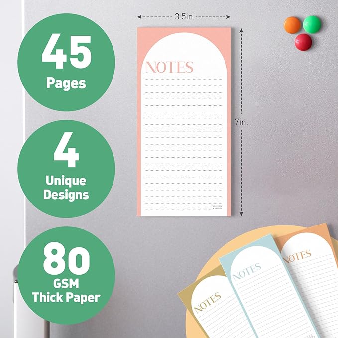 Sweetzer & Orange S&O Magnetic Notepads for Refrigerator 4 Pack, Sticky notes for Fridge Sets - Sticky Journals for Freezer - Magnetized memo sheets for cooler - 3.5” x 7”, 45 Pages