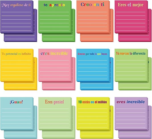 Yinder 24 Pcs Inspirational Sticky Notes with Lines Cute Motivational Sticky Notes Pad Employee Appreciation Gifts Bulk for Teacher Nurse Coworkers Office Supplies 3 x 3''(Spanish,Appreciation)