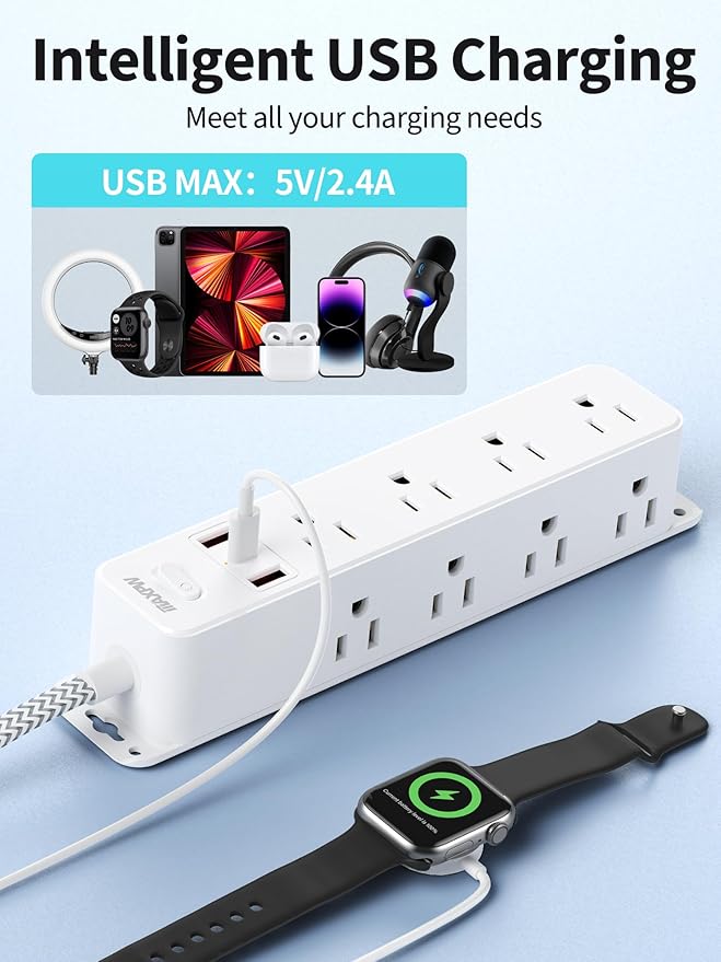 Surge Protector Power Strip with 12 Outlets and 3 USB Ports (1 USB C), 5 Ft Braided Flat Plug Extension Cord, Wall Mount Outlet Extender, 1700 Joules, Desk Charging Station for Home Office Dorm, White
