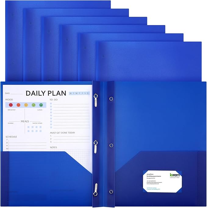 Cholemy 6 Pcs Plastic Pocket Folders with Prong 2 Heavy Duty Pockets Folders with 3 Prongs Letter Size Paper Folders Bulk File Plastic Folders with Fasteners for Office Workers (Blue)