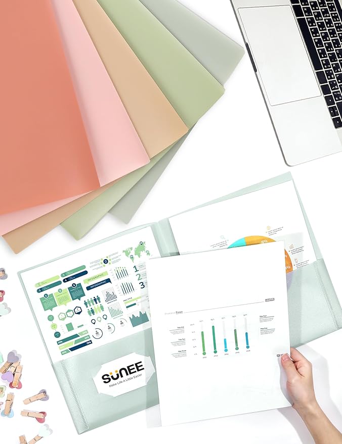 SUNEE Folders with Pockets (6 Pack, Vintage Colors), Plastic Folders with Pockets, Poly Folders for Documents Letter Size, 2 Pocket Folders for Kids, Home, School, Office