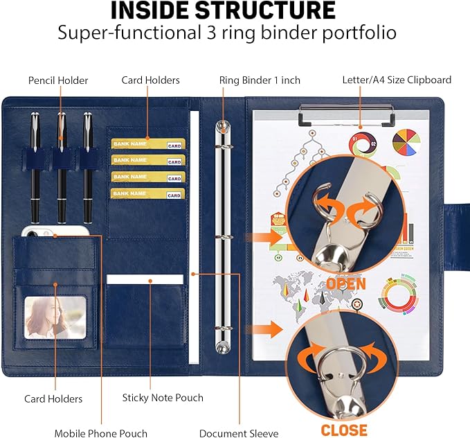 Toplive Padfolio Folder 3 Ring Binder PU Leather Portfolio, Business Interview Resume Portfolio A4/ Letter Size Document Organizer with Clipboard for Women Men, Blue