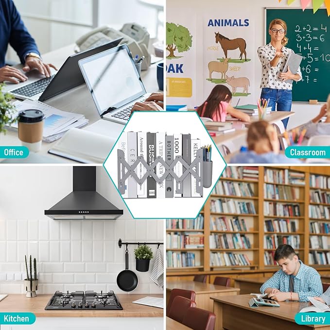 SAYEEC Adjustable Bookends with Pen Holder Expandable Book Ends for Heavy Books Plastic Desk Book Holder Book Stopper Bookcase Magazine Binder Organizer Rack for Shelves Office School Home (Grey)