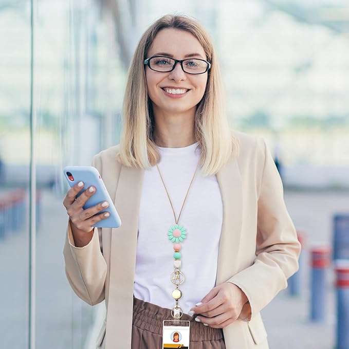 Colorful ID Badge Holder with Silicone Beads Lanyard Set,Cute Teacher Breakaway Lanyard for Keys & Keychain with Cute Retractable Badge Reel Holder,Gift for Women,Nurse, Teacher. (Daisy 1)