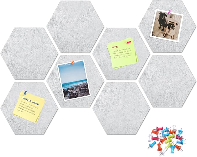 12" Large Bulletin Board with 30 Push Pins, Pack of 8 Hexagon Felt Pin Board Notice Boards for Home Office Kitchen, Felt Wall Tiles for Photos Memos