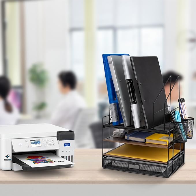 4 Tier Desk Organizers and Accessories, Paper Letter Tray Organizer,Vintage Wood Desk File Organizer with 5 Vertical File Holders and 2 Pen Holders for School Home Office Supplies