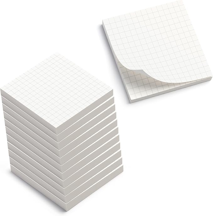 Sticky Notes Graph Paper 12pk | 3x3 Inch Small Self Stick Notepads for Desk and School Supplies