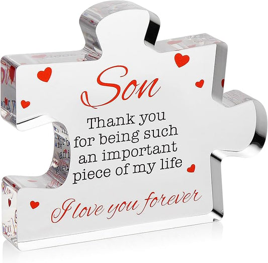 VELENTI Gifts for Son - Engraved Acrylic Block Puzzle Son Gift 3.35 x 2.76 inch - Son Thank You Gift from Mom and Dad - Birthday Mother Son, Father Son Gift - Christmas, Graduation Gift for Men, Boys