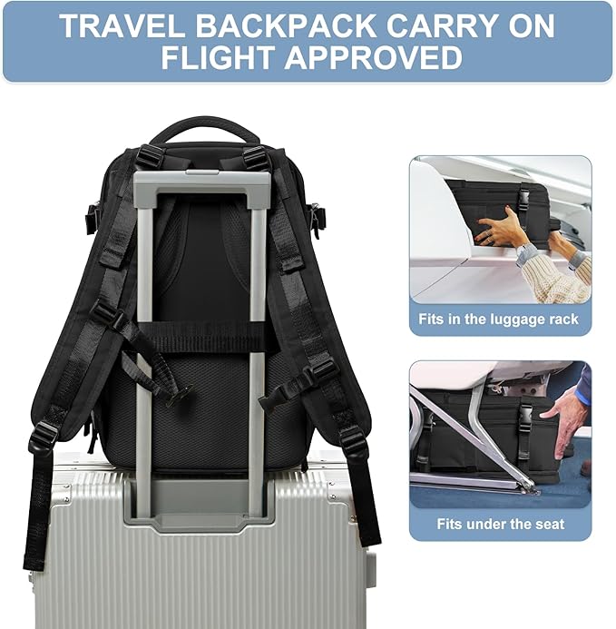 Travel Backpack Simple Durable Carry On Backpack with Shoe Compartment, Personal Item Travel Bag Flight Approved, Water Resistant Laptop Backpack for Women Men Weekender Business, Black