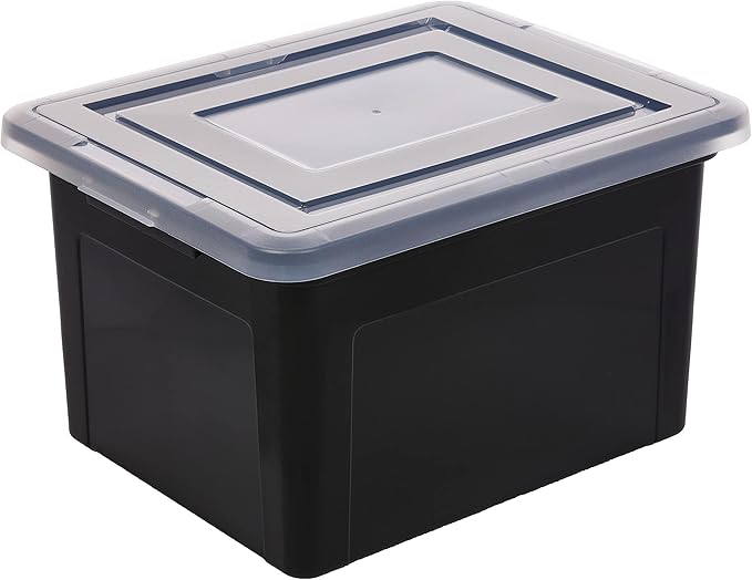 IRIS USA File Box Plastic File Organizer for Letter/Legal File, Document Box, Storage Bin Tote Organizer with Durable and Secure Latching Lid, Stackable, Nestable, BPA-Free, Black 35 Qt. 4 Pack