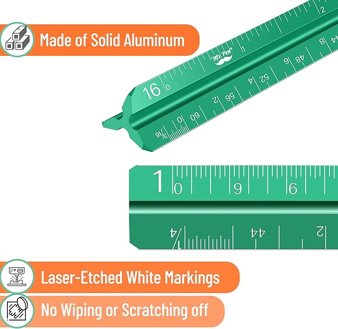 Mr. Pen- Small Architectural Scale Ruler, Aluminium, 6 Inch, 2 Pack, Green and Orange, Pocket Size Ruler, Triangle Ruler, Metal Ruler Set, Architect Scale Ruler for Blueprints