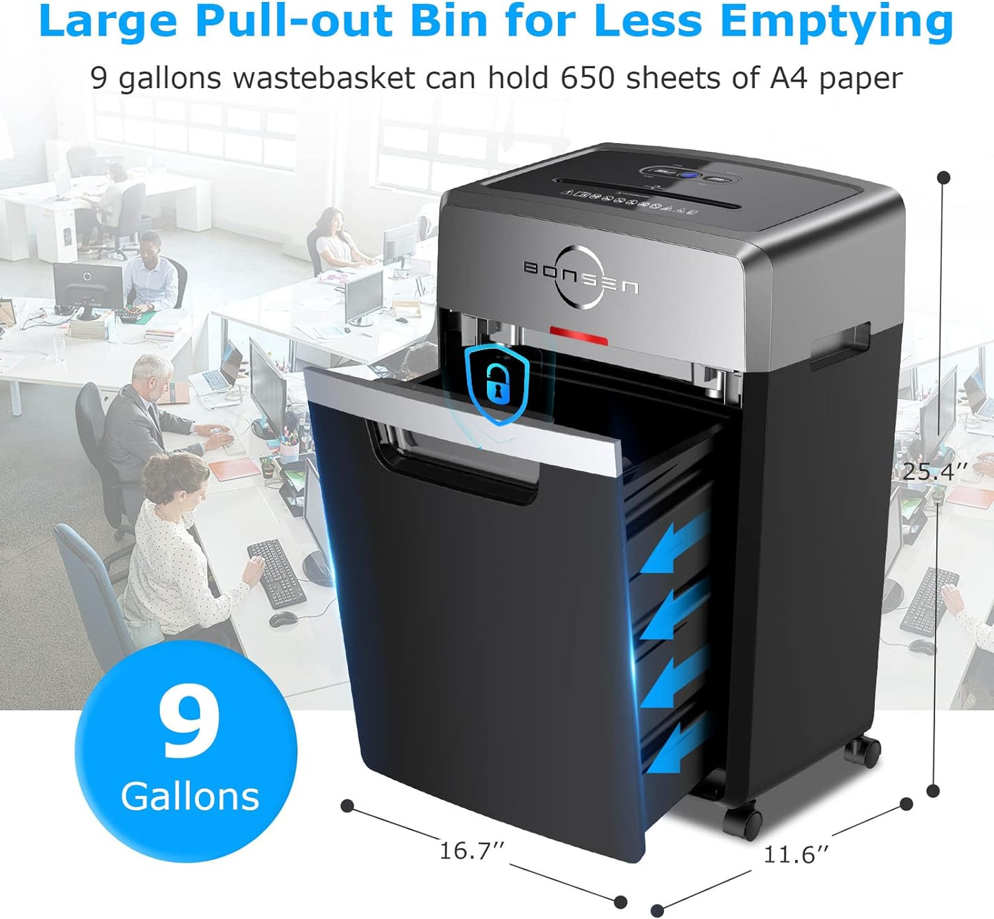 BONSEN Heavy Duty Paper Shredder, 24-Sheet Cross-Cut Shredder, 40-Min Continuous Running Time, Commercial Grade Shredder for Office, 9-Gallon Big Basket, 55dB Super Quiet, P-4 High Security (S3105)