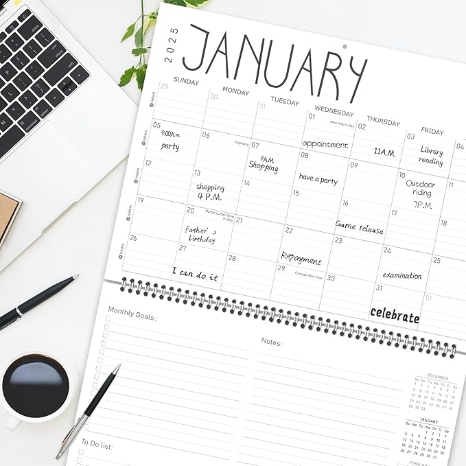 GuassLee Wall Calendar 2025-12 Months Hanging Wall Calendar from Jan. 2025 to Dec. 2025, 14.5" x 11" At a Glance Monthly Planner with Goals & Note for Office School Home Organizer, Double-sided
