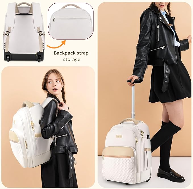 Rolling Backpack For Adults With Wheels, 40L Wheeled Backpack For Women, Travel Roller Backpack, Carry On Luggage, Rolling Bag, Beige