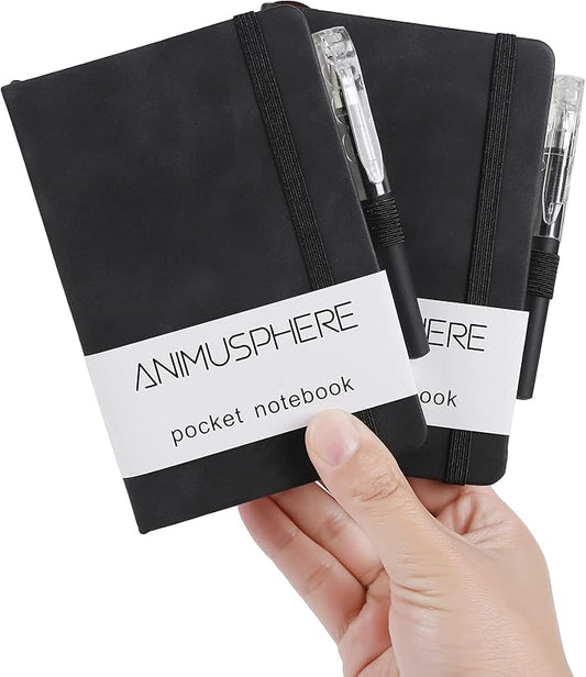 2Pack Pocket Notebook Small Notebook Journal Notebook 4 inches x 5.7 inches 200 Pages Leather Cover With Pen Holder Page Marker Ribbons (Black-withpen)