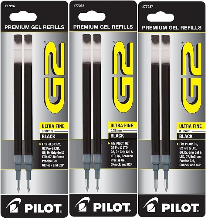 Pilot G2 Gel Ink Pen Refills, Ultra Fine Point, 0.38mm, Black Ink, 6 Refills