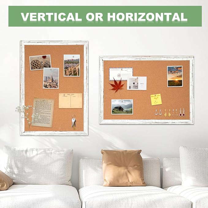 DOLLAR BOSS White Cork Board - 24 X 18 Inches, Rustic Wooden Frame, Decorative Hanging Pin Board for Office & Home Decor