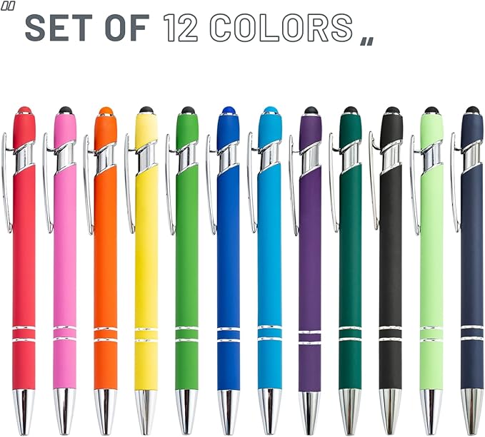 Ballpoint Pens with Stylus Tips，12 Pcs Retractable Metal Stylus Pen for Touch Screens, 1.0 mm Black Ink(Mixed Color)