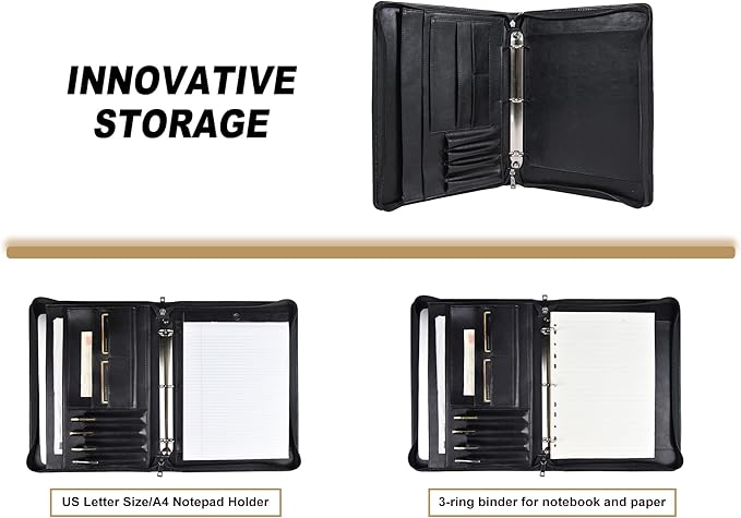 Free Engraved Name, Custom Ring Binder Portfolio, Professional Padfolio Vegans Leather, Document Organizer Folder, Zippered Organizer for 8.5 * 11 inch A4 Letter Legal Pad, Gift for Women/Men, Black