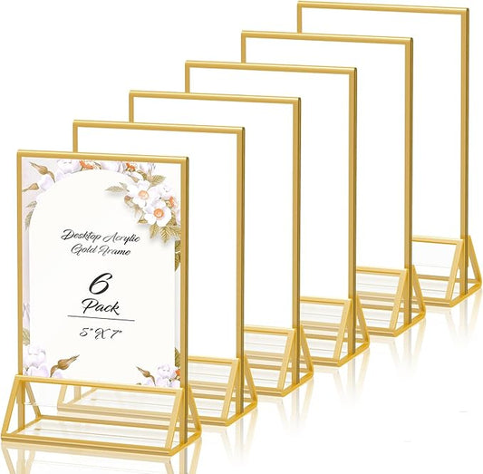 5X7 Gold Frames Double Sided Acrylic Sign Holder Tabletop Picture Frames Vertical Display Stand for Shop School Home,Set of 6