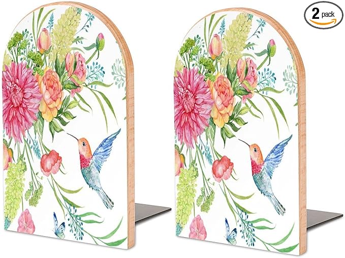 Hummingbird Butterfly Flowers Wooden Large Book Ends Bookends for Shelves, 2 Pack Non-Skid Bookends for Heave Books, Book Stoppers Holders for Kitchen Office Library, 6.7x4.7x3.9in