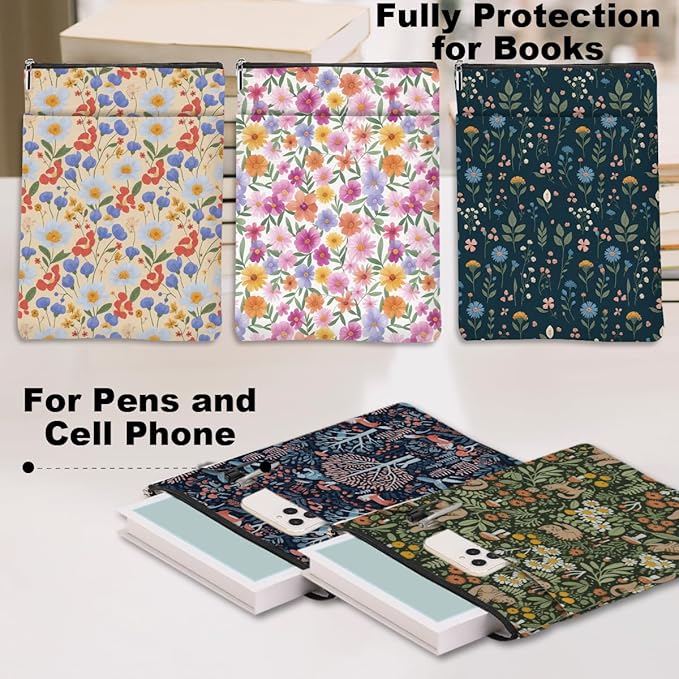 5PCS Waterproof Book Sleeve Book Pouch Protector with Zipper and Front Pocket Books Cover for Women Girl Books Lover Reader Librarian Reading Accessories Bookish Gifts, Cute Wildflower Forest Cat Fox