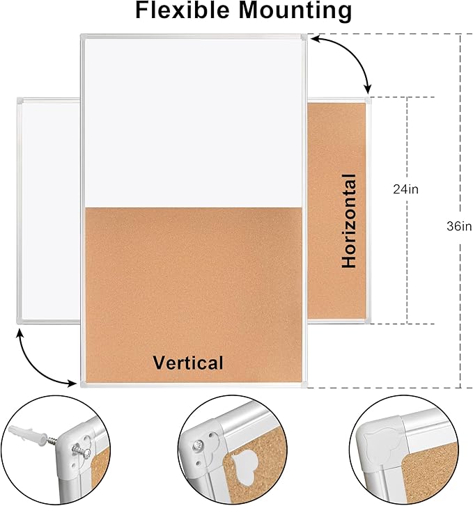 Cork Bulletin Board, 36 X 24 Inches White Magnetic Dry Erase Board, Large Wall Mounted Message Vision Notice Memo Pin Board for Office, Home and School