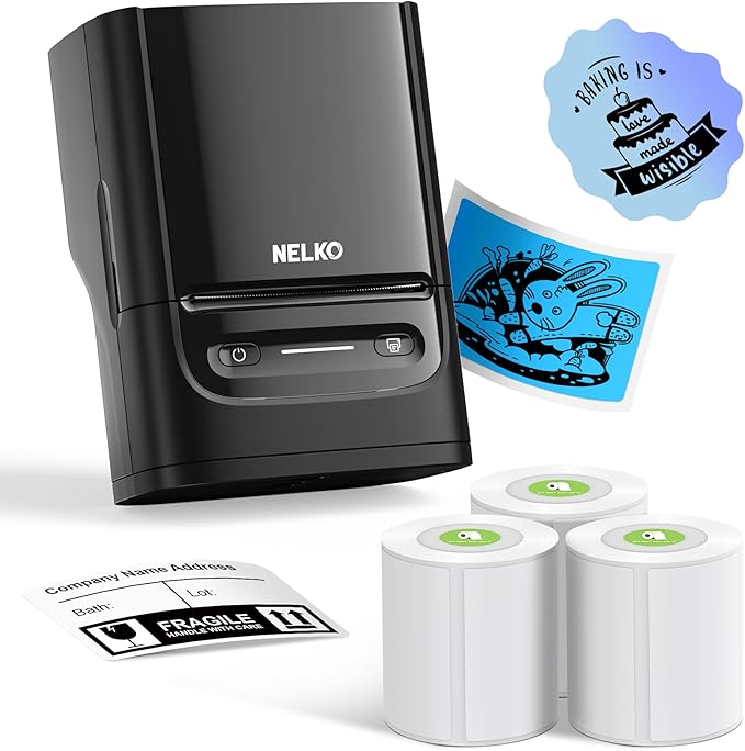 Nelko Label Maker Machine with Tape, PM220 Bluetooth Label Printer, 2 Inch Portable Thermal Printer for Small Business, Logo, Clothing, Sticker Printer for Phones & PC, with 3 Labels, Black
