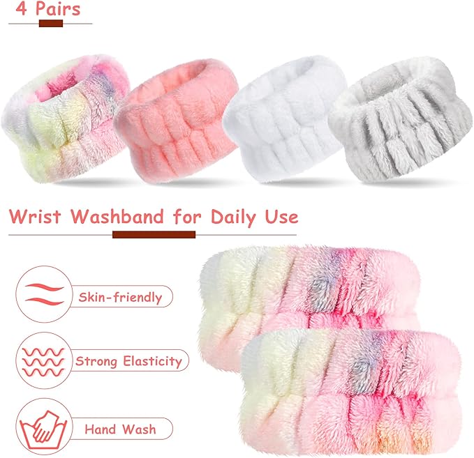 Chuangdi 4 Pairs Wrist Bands for Washing Face Wrist Spa Microfiber Wash Towel Band Scrunchies Absorbent Wristbands Sweatband for Women Prevent Liquid from Spilling