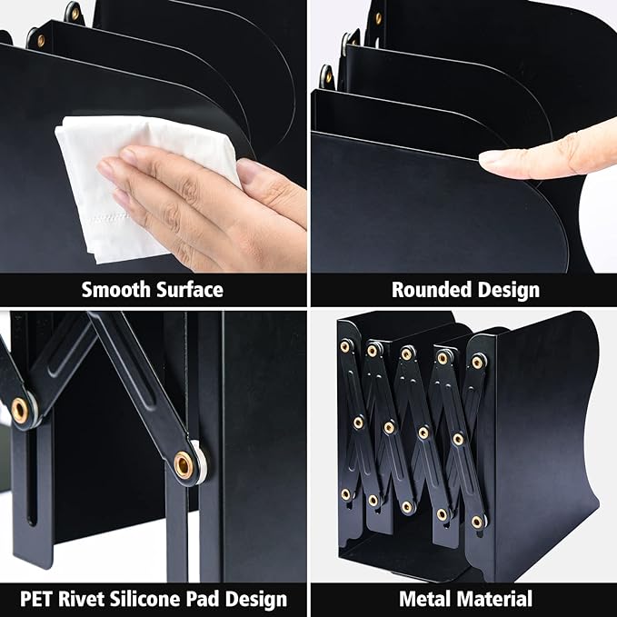 2PCS Adjustable Bookends, Metal Book Ends for Heavy Book, 2 Dividers, Nonslip Book Stander for Desk, Shelf, Office, Stationery Gift, Extends up to 19 inches (Black)