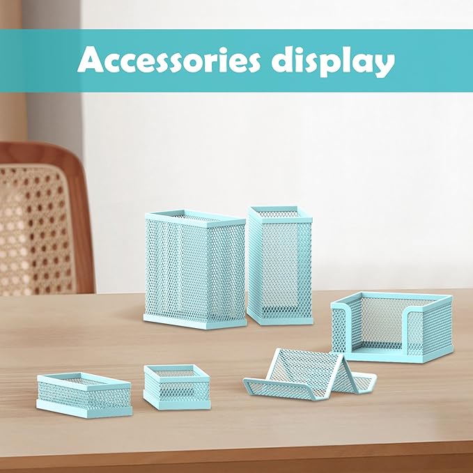 SUPEASY Pen Holder for Desk, 6 Piece Mesh Desk Organizer set, Desk Accessories for Office Organization with Mail Organizer, Letter Phone Holder, Sticky Notes Caddy Storage, Blue
