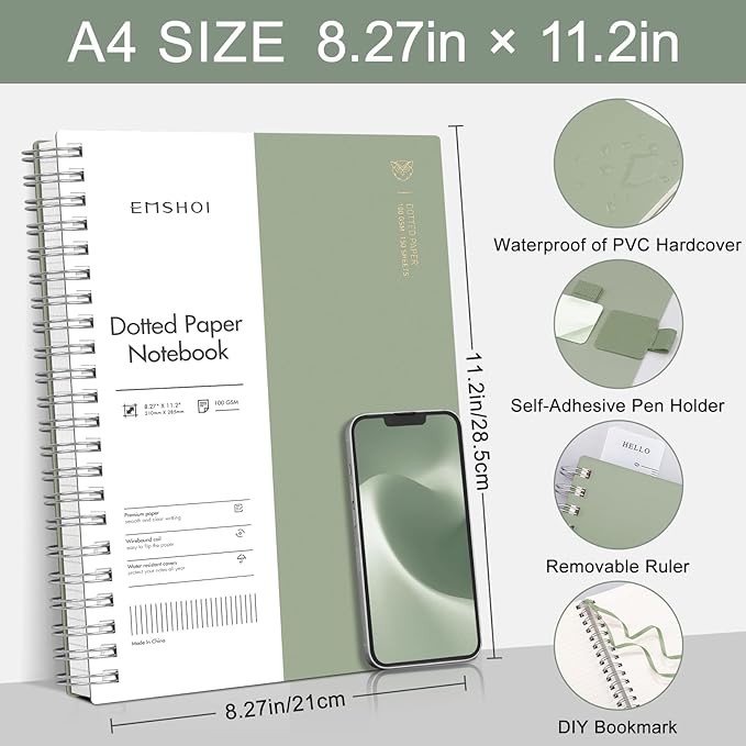 EMSHOI A4 Spiral Notebook Bullet Dotted Journal, Dotted Grid Notebook with 300 Pages, 100gsm Thick Paper, Waterproof Softcover Notebook for School Work Writing, 8.27" × 11.2" - Light Green