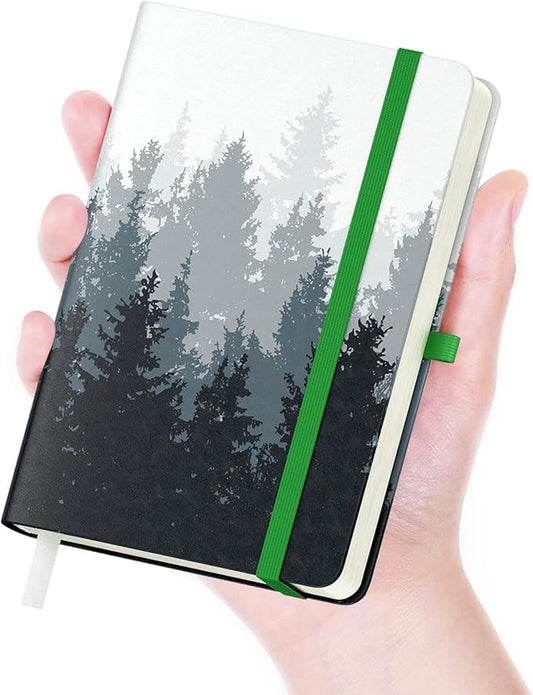 Small Notebook, Mini Pocket Journal A6 5.7" x 3.9", Leather Hardcover Journal with Pen Holder, 160 Thick Papers, Cute Lined Notebook Small Notepad for Women Writing Work Travel, Forest