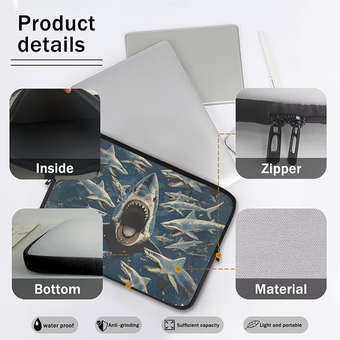 Shark Print Laptop Briefcases for Men Women, Lightweight Laptop Sleeve Case Water Resistant Neoprene Computer Carrying Cover 17 Inch Laptop Carrying Bag