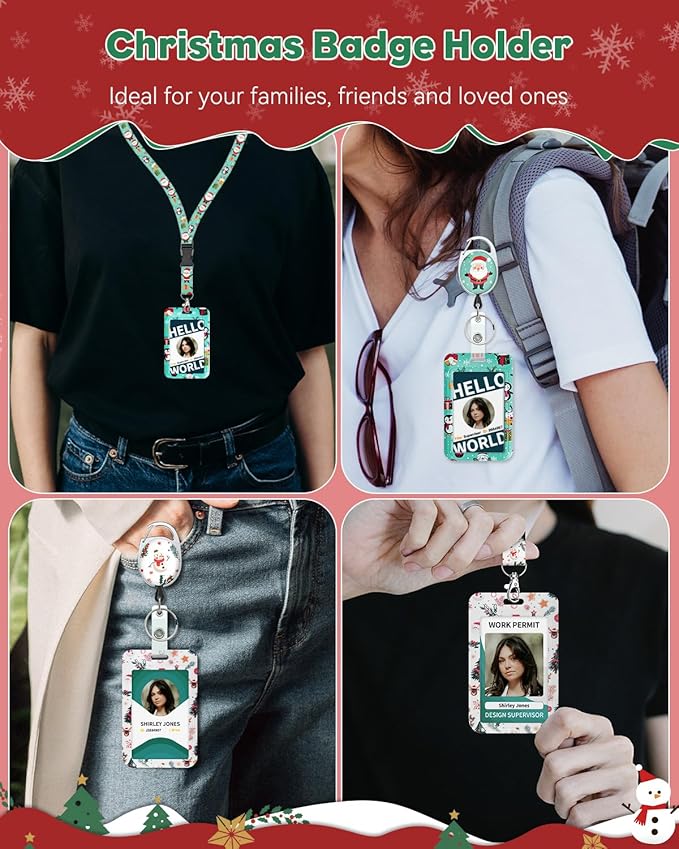 Uniclife 2 Pack Christmas Sliding Badge Holder Hard ID Card Holder with Cartoon Santa Claus & Snowman Patterns Vertical Card Protector with Retractable Badge Reel Carabiner & Detachable Lanyard Strap