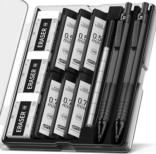 Four Candies 2PCS Metal Mechanical Pencils Set with Case, 0.5mm & 0.7 mm Artist Pencil with 6 Tubes (360PCS) HB Lead Refills, 3 Erasers,9 Eraser Refills For Writing Drafting, Drawing, Black