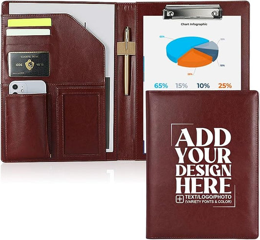 Personalized Padfolio - Customized Leather Portfolio with Logo or Text - Professional Business Portfolio with A4/US Letter Writing Pad Holder for Resumes and Interviews, Brown