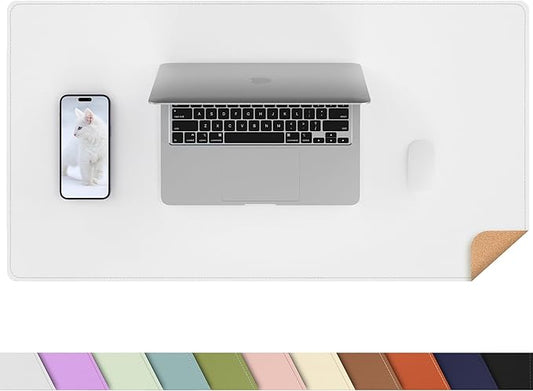 AFIING Dual-Sided Desk Pad, Natural Cork & PU Leather, Desk Mat Protector Non-Slip, Waterproof, Easy Clean,Large Mouse mats for Office and Home Work(Ivory White, 31.5"x17")