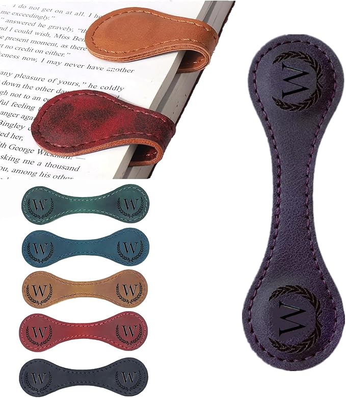 Personalized Magnetic Leather Bookmark, 26 Letters Custom Leather Bookmarks, Handmade, Leather Magnetic Bookmark for Book Lovers Readers Women Kid(Purple，W）