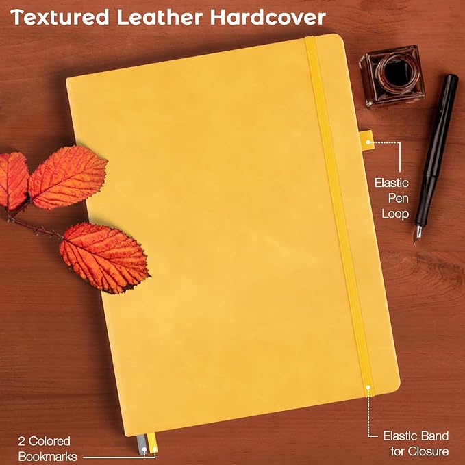 Blank Notebook, Hardcover Sketch Book, 8.5" x 11" Large Blank Journal, No Bleed Thick Paper Sketchbook for Drawing, Unlined Notebook Journal for Women Men, A4 Leather Sketchbook, Lay Flat, Yellow