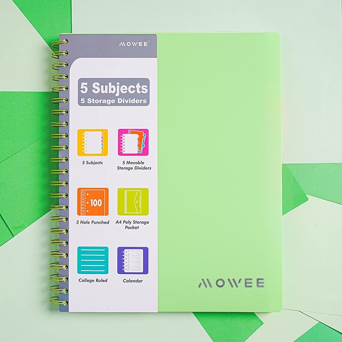 Spiral Notebook - 5 Subject Notebook, College Ruled Notebook With Dividers Pocket, Tabs Label, Ruler, 100Sheet 200 Pages, for Writing Journal, Home & Office, School Supplies, 8.5''x11'' Lime