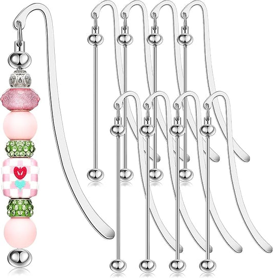 8 Pcs Beadable Bookmarks DIY Metal Blank Bar Bookmark for Beads Modern Beaded Bookmark Craft Jewelry Pendant Charm Gift for Book Lovers Student Teacher Office Supplies (Silver)