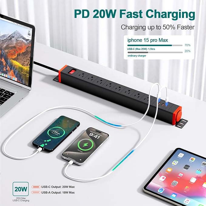 QBA 8 Outlet Heavy Duty Power Strip with USB Ports, Rack Mount Surge Protector with 360° Rotating Brackets, USB C PD 20W, Wall Mount Power Strip for Home Office Garage Workshop