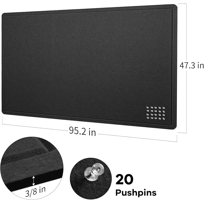 Extra Large Bulletin Board - 96 x 48 Inches, Decorative Felt Pin Board for Wall - 8' x 4' Foldable Photo Display Board with Self-Adhesive Tape, Includes 20 Push Pins - Black