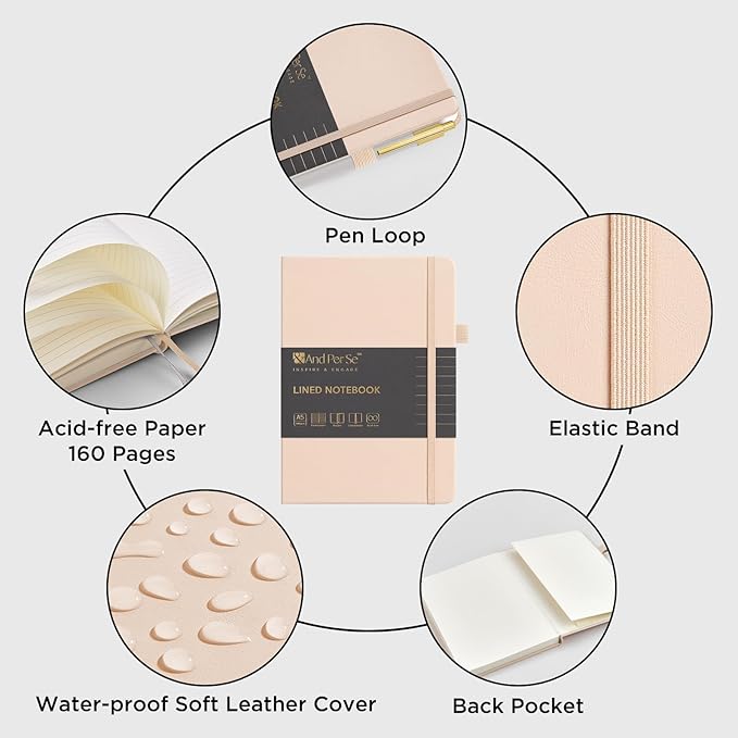 A5 Lined Journal and Pen Set, Hardcover Notebook with Pen, 160 Pages 100gsm Thick Ruled Paper for for Women Men Work Business School or Home Writing, 5.7'' x 8'' (Light Apricot)