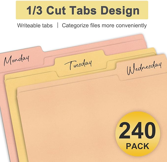 ViVin File Folders, Fits 8.5 x 11 Letter Size Paper, 1/3-Cut Tabs, 240 Pack Manilla Colored File Folders, Perfect for Home, Office, and School Documents File Paper(Assorted)