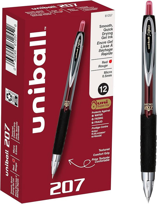 uniball Signo 207 Gel Pen, Retractable, Micro 0.5 Mm, Red Ink, Smoke/black/red Barrel, Dozen