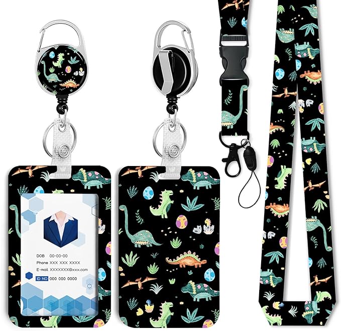 Cute Dinosaur Badge Holder with Retractable Reel and Breakaway Lanyard，Badge Clips Retractable Heavy Duty Badge Reel，Keychain，ID Holder with Breakaway Lanyard for School Nurse Office Teen