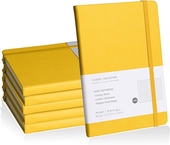 Lined Journal Notebook, 6Pack(bright yellow), 160 Pages, Medium 5.7 inches x 8 inches - 100 gsm Thick Paper, Hardcover